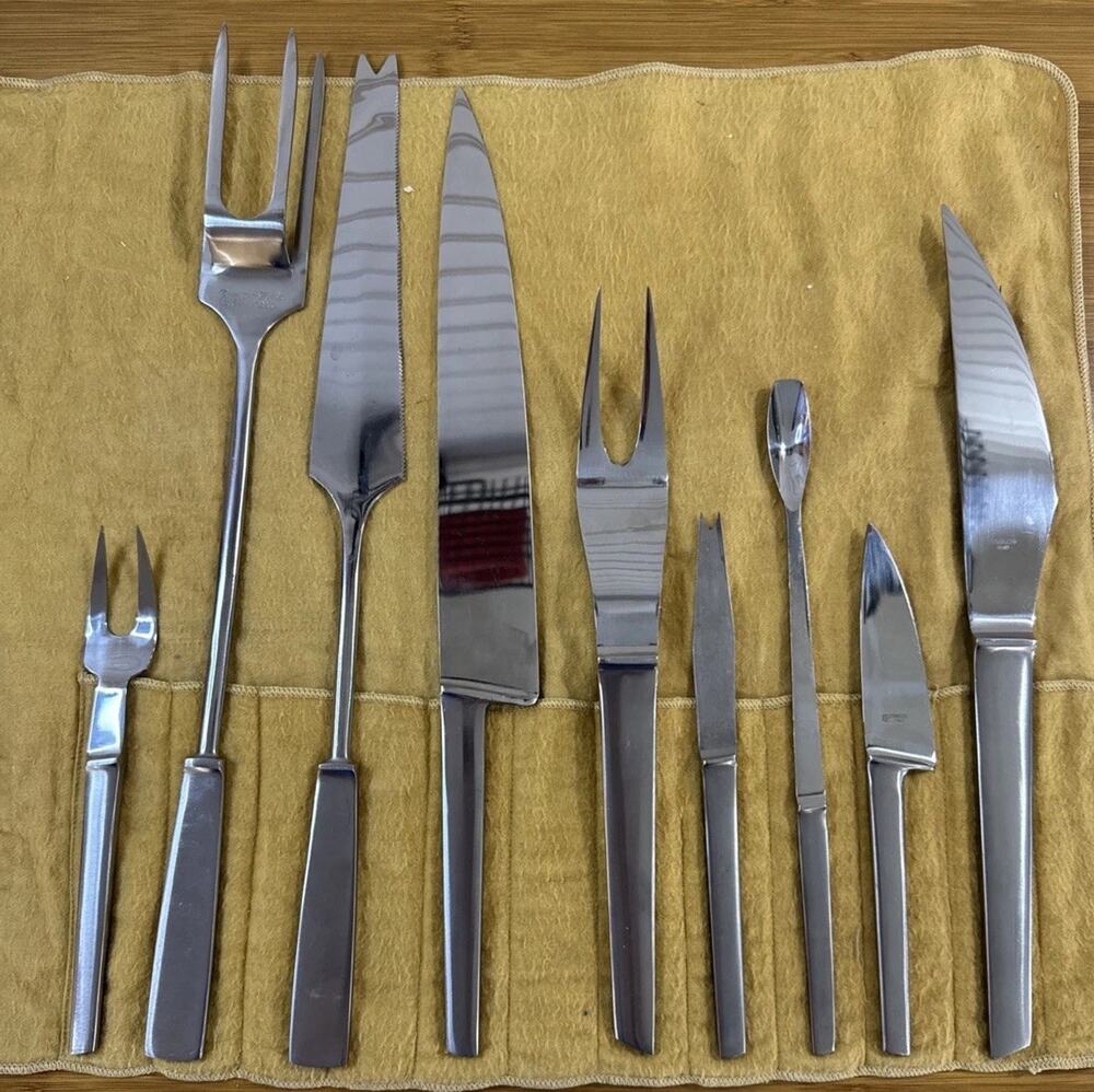 Vintage Arthur Salm Capri Italy Stainless Steel 9pc Carving Serving Set & Roll